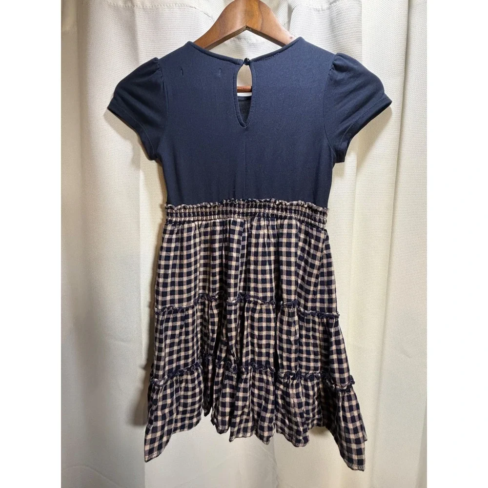 Poppies and Roses Girls Navy Gingham Tiered Mixed Media Dress Size M A02317267